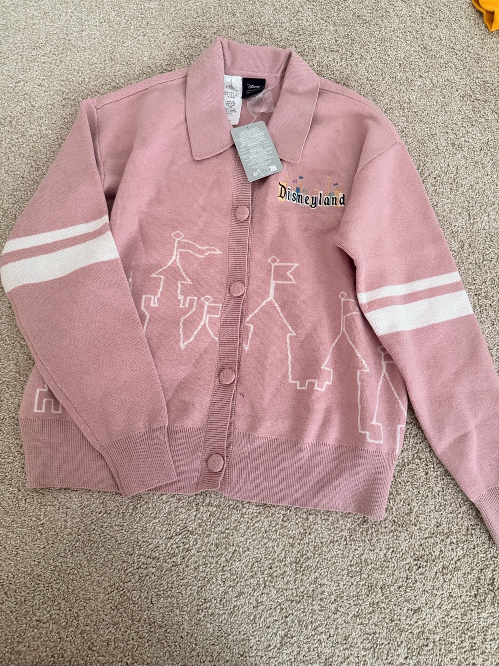 Disneyland Pink Castle Knit Cardigan with White Stripe Sleeves | S | NWT
